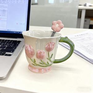 Mug à café et tasses à lait en céramique au design floral charmant, réutilisables, sûrs, avec cuillère, pour le bureau, la maison, le café, les entreprises - Product Image 3