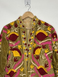 Suzani Boho Coat Ethnic Luxury Outerwear Indian Suzani Embroidery <b>Velvet</b> <b>Jacket</b> Unisex Spring <b>Jacket</b> for Fashion Lovers - Product Image 3