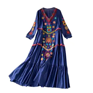 도매 2023 여름 해변 휴가 비치 드레스 보헤미안 느슨한 여행 촬영 민족 스타일 수 놓은 v 넥 캐주얼 드레스