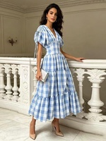 Robes longues décontractées élégantes pour femmes OUDINA, nouvelle collection, couleur bonbon, col en V, manches bouffantes, à carreaux, taille plus