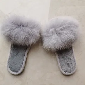Authentic Fox Fur Slippers Women Real Fox Fur Slides Home Outdoor Furry Flat Sandals Female Cute Luxury Fluffy Shoes