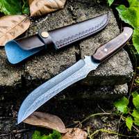 Couteau de survie et de chasse en acier Damas à lame pleine, couteau tactique tranchant pour bushcraft avec étui en cuir