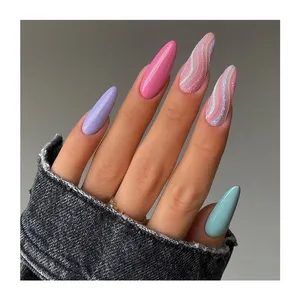 Factory Price Hot Selling Fake Nail Almond Long Glitter Swirl Stripes Solid Color Private Label Logo Customized 24pcs False Nail