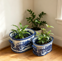 Set 2 Pot Tanaman Keramik Biru dan Putih Gaya Eropa dengan Pola Lanskap, Pot Oval dengan Pegangan Samping, cocok untuk foot bath