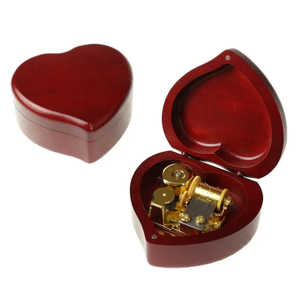 Toptan ahşap kalp şeklinde müzik kutusu özel gravür yaratıcı retro nostaljik hediye pembe