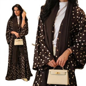 Dubai Abaya Factory Luxury Eid Islamic Muslim Women Dress Modest Kimono Polka Dots Open Dress Scarf Set Polyester - Product Image 3
