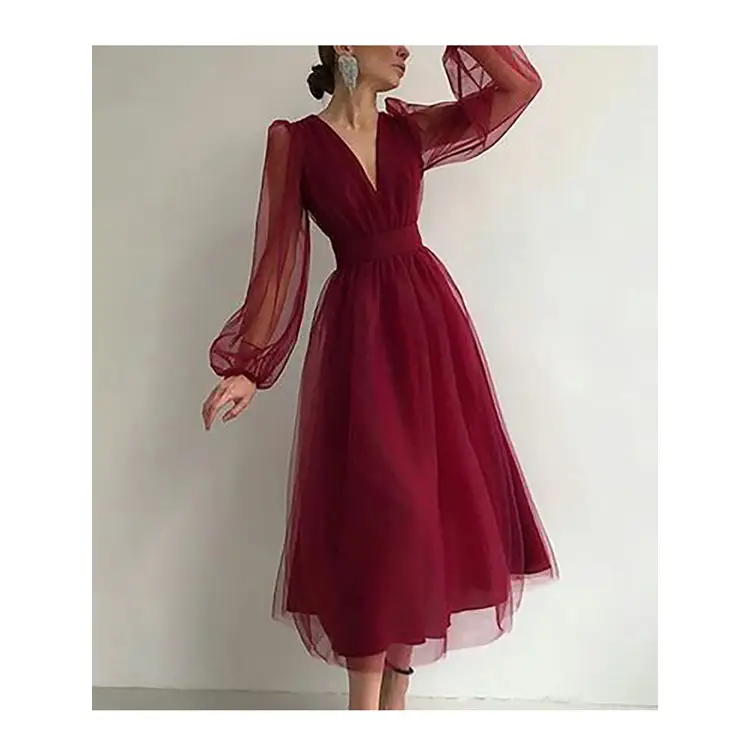 ZC00499 Korean Deep V-Neck Brautjungfer Elegant Casual Abschluss ball Abendkleider Frauen fallen Long Puff Sleeve Party Midi Kleid Damen