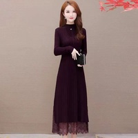 Huachao Top moda mujer manga larga Slim Fit suéter de punto otoño falda de encaje vestido con cintura Natural colección de diseñador