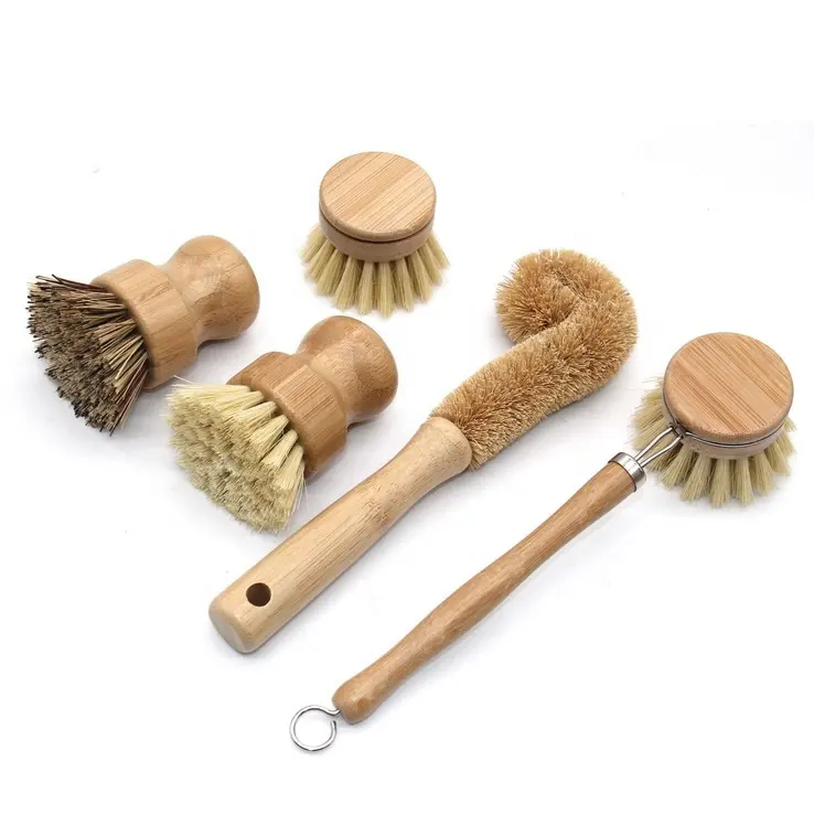 Eco Friendly Sustainable Natural Sisal Coconut Plant Bristle Bamboo Wood Wooden Kitchen Dish Scrub Cleaning Brush