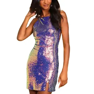 Produttore di abiti custom summer elegant women glitter dress y2k style girl magic purple paillettes sexy mini abito senza schienale