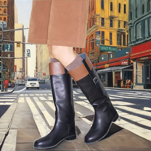 Bottes longues pour femmes à bout rond, style chevalier, avec fermeture à boutons, talons plats, pour le printemps, l'automne et l'hiver - Product Image 2