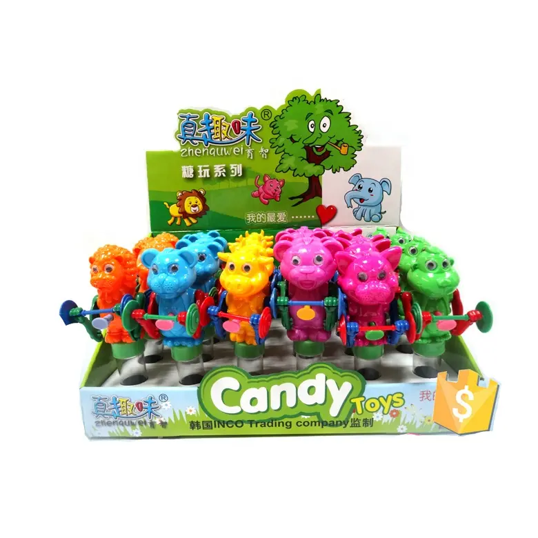 Colorful sweet center filled hard boiled sugar candy with toys