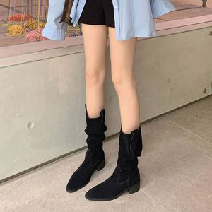 Bottes mi-hautes en <span class=keywords><strong>daim</strong></span> <span class=keywords><strong>beige</strong></span> décontractées Cialisa, en cuir véritable, pour l'automne et l'hiver, talons blocs, bottes longues noires de style western - Product Image 2