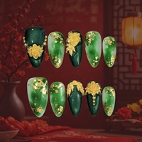 Offre Spéciale Nouveaux Ongles Acryliques à Presser en Forme d'Amande, Dégradé Vert Jade Chinois, Pivoine Dorée 3D et Feuille d'Or, Vente en Gros Personnalisable
