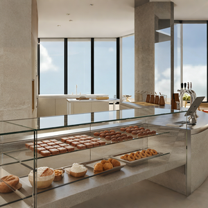 <span class=keywords><strong>Comptoir</strong></span> de <span class=keywords><strong>service</strong></span> de boulangerie incurvé avec vitrine en verre et rangement ouvert, station de bar commerciale au look béton moderne - Product Image 5