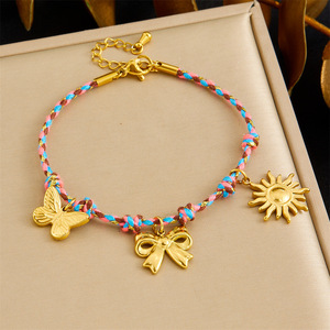 Fashion Charm Bracelet Colorful Woven Rope Gold Plated Butterfly Bow Sun Pendant Women's Jewelry Gift - Product Image 1