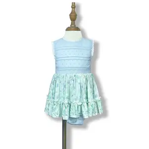 Hot selling boutiques baby clothes ruffles flower blue chiffon girls romper skirted romper with green floral top dresses