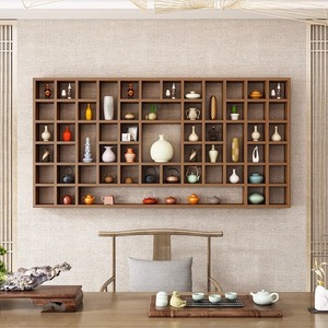 Scaffale a griglia in legno massello Art déco a un solo livello a parete ripiano multifunzione ripiano per soggiorno bagno decorativo - Product Image 4