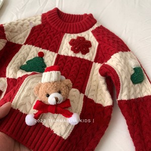 Christmas Kids Sweater Red Wool Knitwear Thickened Warm Winter Clothing For Boys And Girls With Bear Applique Design - Product Image 2