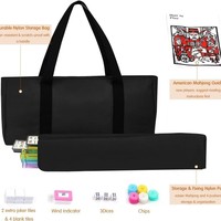 Sac de rangement Mahjong grande capacité, toile noire, 2 jeux de tuiles, 4 supports, 120 jetons, 3 dés, livret d'instructions, 17,7 pouces