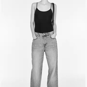 Pantalon évasé en jean décontracté pour femme, taille haute, en coton respirant, coupe droite et large, extensible et confortable, avec logo à la taille, coupe décontractée - Product Image 4