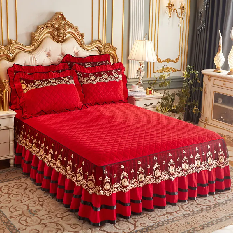 Luxury Embroidered Bed Spreads Home Bedding Decoration Skirt Silk Mat Euro Bed Linen Foldable for Queen King Size Bed