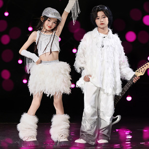 Abbigliamento Hip-hop Trendy per Bambini, <span class=keywords><strong>Vestiti</strong></span> Larghi <span class=keywords><strong>da</strong></span> Ragazzo per Capodanno, Abiti Trendy con Piume per Ragazze Jazz - Product Image 4