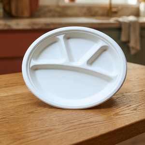 Assiette jetable ronde de 11 pouces à 4 compartiments en bagasse naturelle, écologique et biodégradable, en canne à sucre, pour la vente en gros - Product Image 6