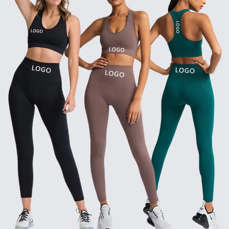 2023 2Pcs Yoga sets Custom logo Seamless Ribbed Butt Lift Workout Set Women Fitness Wear Gym Outfit Sportswear Active Wear Set