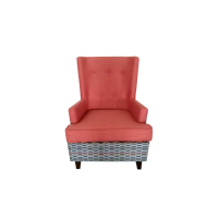 Fauteuil d'appoint contemporain et moderne pour salle à manger d'hôtel ou villa, avec dossier haut, assise côtelée rouge et revêtement rembourré, idéal pour le salon
