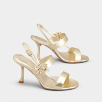 Sandales de luxe dorées à talons hauts pour femme, idéales pour les soirées estivales, avec strass étincelants, bout ouvert et boucle, parfaites pour les mariages.