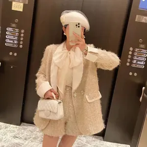 Autumn/Winter New Mid length Sequin Pocket Thickened Suit Coat High Waist Shorts Elegant Women's Set