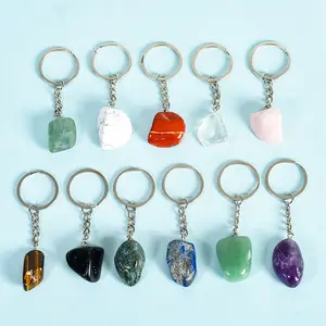 Wholesale Natural Clear Crystal Key Rings Lapis Smooth Rolling Stone Crystal Keychain Colorful Keychain