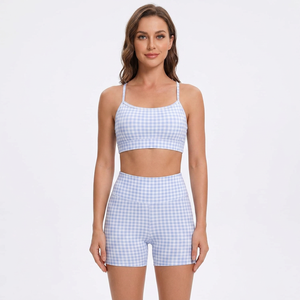 Women's Casual Cropped High Waist Gingham <b>Pattern</b> Polyester Sport <b>Leggings</b> Light Blue Checkered Stretch Breathable Quick Dry - Product Image 1