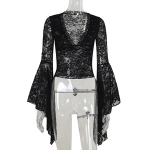 Vintage foncé Goth dentelle T-shirt femmes Sexy esthétique Coquette voir à travers perlé col en v manches évasées culture T-shirt hauts <span class=keywords><strong>Femme</strong></span> - Product Image 6