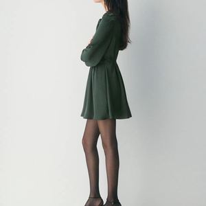 Dark Green Tie Neck Ruffle Collar casual <b>skirt</b> Long Sleeve <b>Elastic</b> Waist Flowy Mini Dress Casual Chic A-Line Office Date Night - Product Image 3