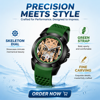 Montre de sport pour homme 44 mm, bracelet en silicone, verre minéral renforcé, cadran à aiguilles lumineuses, étanche, mouvement à quartz, design ajouré