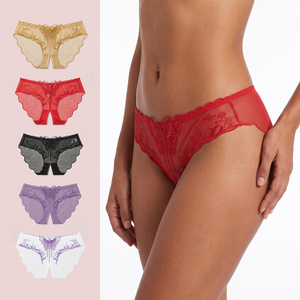 <span class=keywords><strong>Slip</strong></span> in pizzo da donna con cavallo aperto, ricamo floreale in rete, bordo smerlato, vita bassa, rosso, nero, viola - Product Image 1