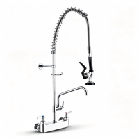 Keran Dapur Komersial Spring Pre Rinse, Terpasang di Dinding, Dua Gagang, Tugas Berat, Semprotan Tarik, Keran Mixer Wastafel Dapur