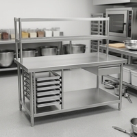 Table de travail professionnelle en acier inoxydable robuste avec étagère inférieure et pare-éclaboussures, capacité de charge de 300 kg/m, revêtement autonettoyant pour cuisines