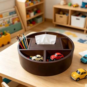 Organizador de maquillaje de madera redondo de 30x30x8cm con seis compartimentos, bandeja de almacenamiento para pañuelos, para tocador, dormitorio, baño - Product Image 2