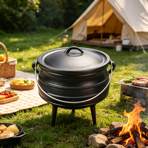 Petit pot à frire robuste <span class=keywords><strong>en</strong></span> fonte avec couvercle et poignée de transport, pré-culotté, noir, à trois pieds, type Potjie - Product Image 6