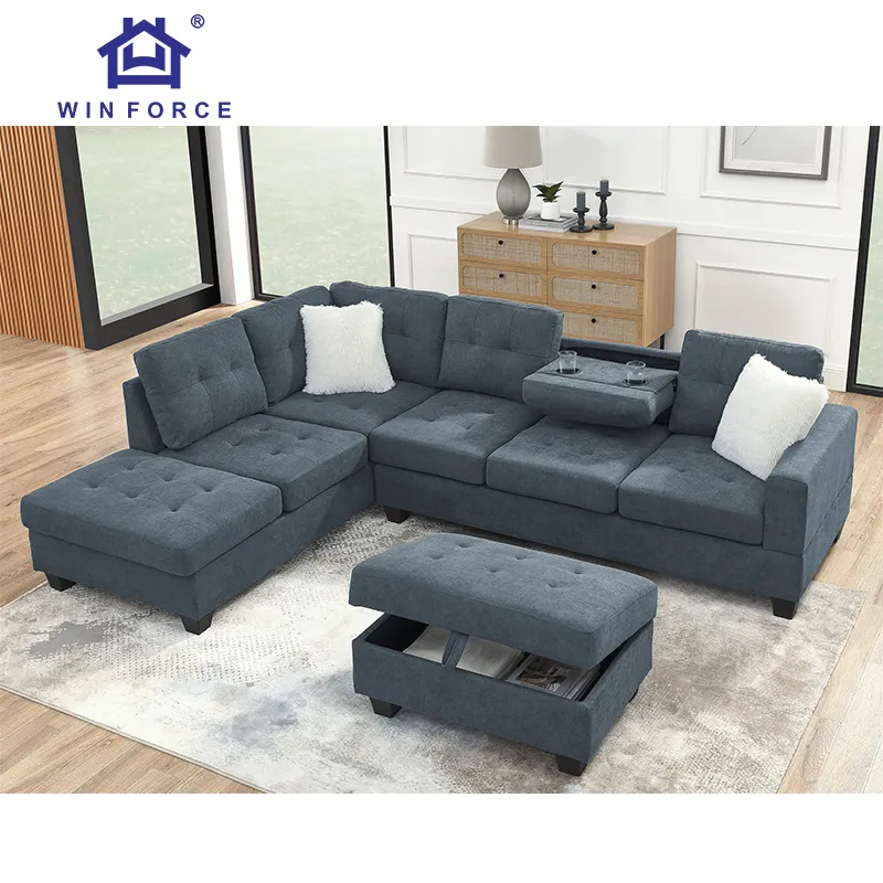 Win force 5-Sitzer Wohnzimmer Sofa Multifunktion ales modulares Schnitts ofa Modernes graues Leinen Stoff Ecksofa mit Ottomane