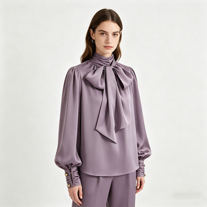 Camicetta in Raso Viola <span class=keywords><strong>con</strong></span> <span class=keywords><strong>Grande</strong></span> Fiocco al Collo, Maniche Lunghe a Sbuffo, <span class=keywords><strong>Colletto</strong></span> Alto, <span class=keywords><strong>Camicia</strong></span> da Ufficio per Donne Personalizzabile - Product Image 6
