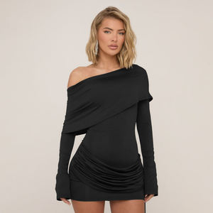 Vestido Mini Asimétrico de Un Hombro con Cintura Fruncida para Mujer, Vestido de Cóctel Bodycon de Manga Larga con Detalle de Borlas, Negro, para Fiesta - Product Image 5