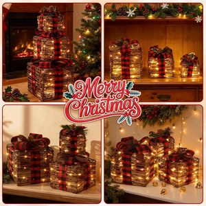 <b>Christmas</b> Gift <b>Box</b> Three-Piece Display Stand Ornaments Ironwork Illuminated Lighted European-American <b>Christmas</b> Decorations - Product Image 5