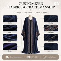 Abaya Kimono Ouvert en Coton Bleu Marine Yilixin Personnalisé pour Femme, Bordures Brodées Ethniques, OEM ODM Marque Privée, Style Modeste de Dubaï