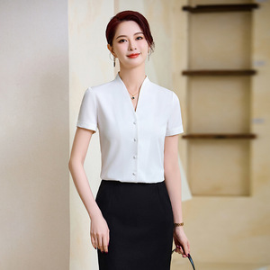 Women's Short Sleeve V Neck Blouse Blue Anti Wrinkle Office Commuting Poplin Shirt With Skirt Set - Product Image 2