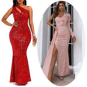 Elegante Abendkleider Afrikanische formelle Pailletten Ein Schulter Langes Kleid Glitter Boden länge Party Wear Maxi kleid