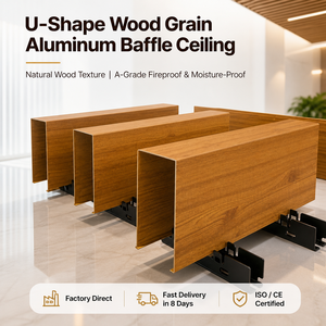 Sistema de Rejilla Suspendida de Aluminio con Diseño en U, Acabado Madera, Ignífugo A1, para Techo - Product Image 1